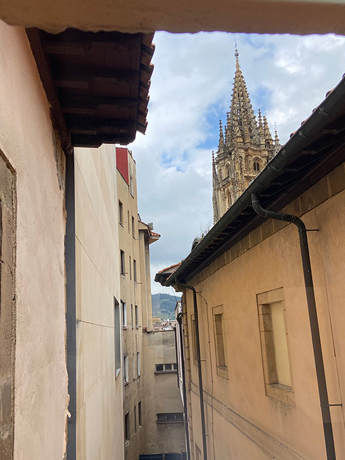 Torre de la catedral de Oviedo vista dese el interior del museo de bellas artes de Asturias