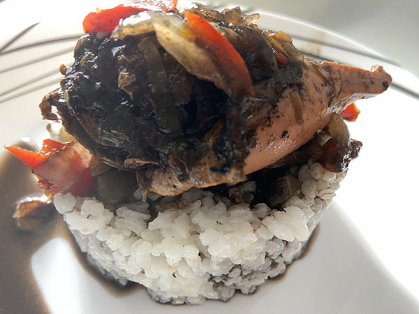 Potarros rellenos en tinta con arroz blanco listos para degustar