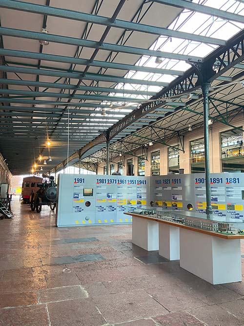 Sala de expositores en el museo del ferrocarril en Gijón