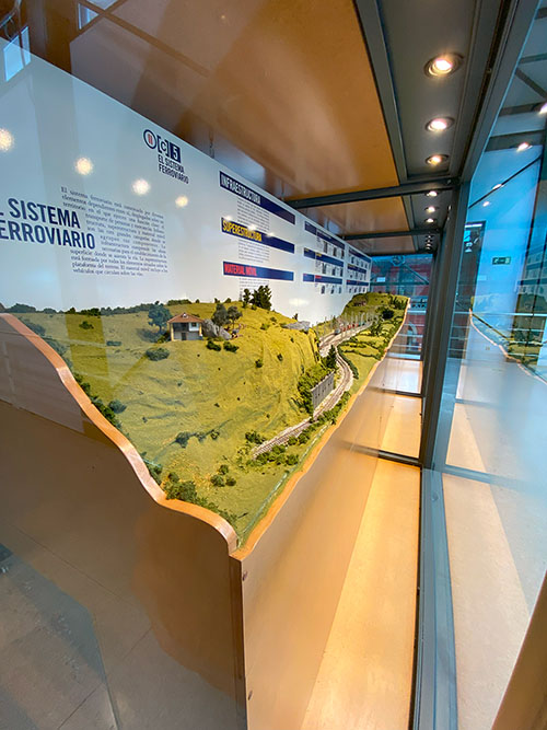 Maqueta de un paisaje con la vía de un tren en el museo del ferrocarril en Gijón