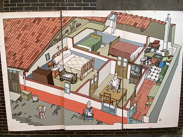 Murales explicativos de la vida en la ciudadela de Celestino Solar en Gijón
