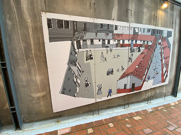 Dibujo representando la vida diaria en la ciudadela de Celestino Solar en Gijón
