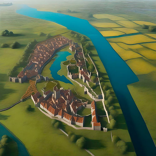 Recreación por IA de la Avilés medieval con su muralla y entre la ría y sus marismas