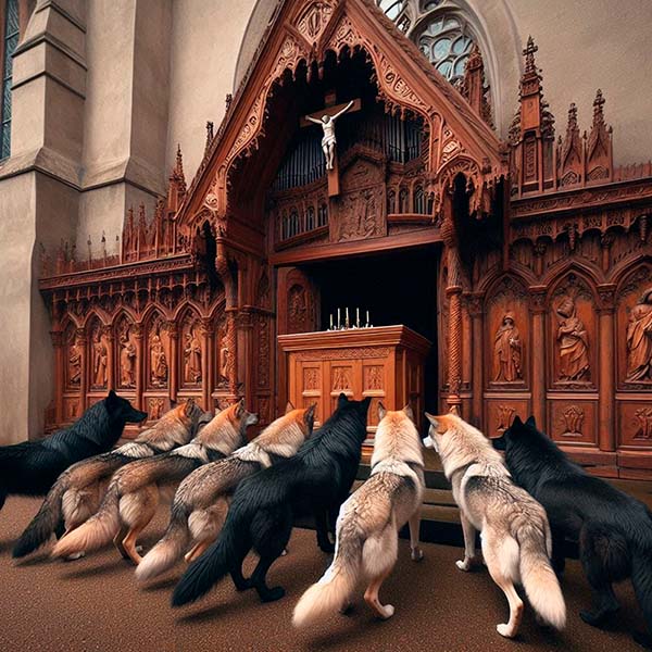 Los lobos sumisos ante el arca en la entrada de la iglesia de Luarca