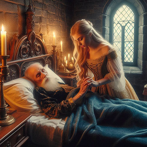 Representación de don Ares moribundo con su hija en el interior del castillo de Tudela en Olloniego en Asturias