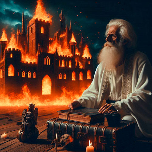 Representación del espectro de don Ares con el castillo de Tudela en llamas