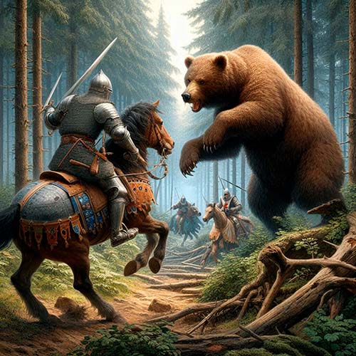 Representación del oso que atacó a don Ares, señor del castillo de Tudela en Olloniego en Asturias