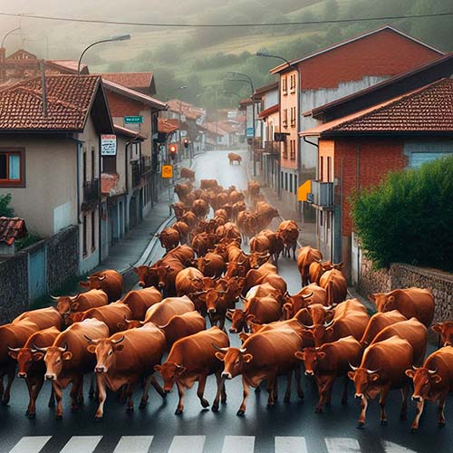 Recreación de un rebaño de vacas atravesando el pueblo de Proaza en dirección al mercado de ganado