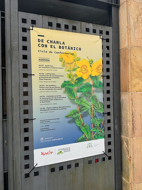 Panel anuncio de jornadas de Charlas en el jardín botánico de Gijón