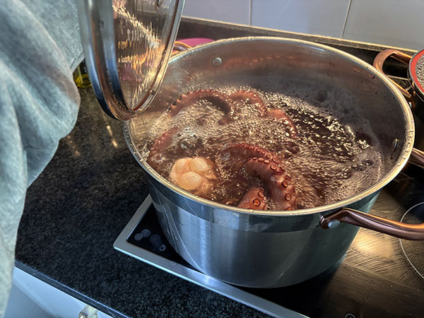 Pulpo cociendo para preparar pulpo de pedrero con patatines