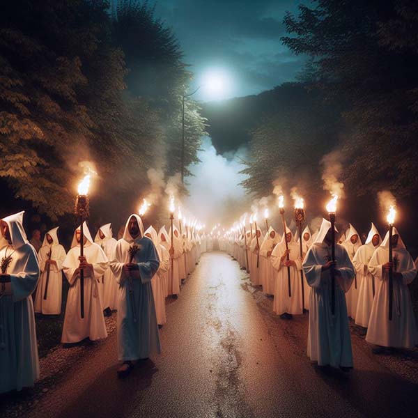 Representación de "la güestia" a la entrada de Luanco en busca de un penitente al que llevarse esta noche