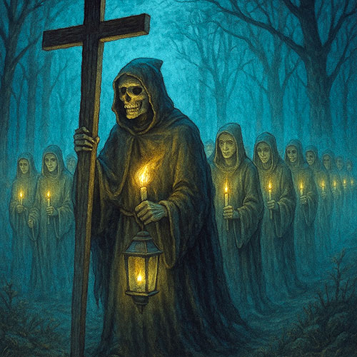 Representación de "la güestia" a la entrada de Luanco en busca de un penitente al que llevarse esta noche