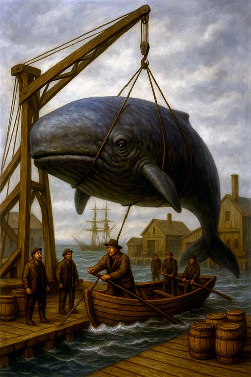 Recreación de la descarga de una ballena en el muelle de Luanco en Asturias