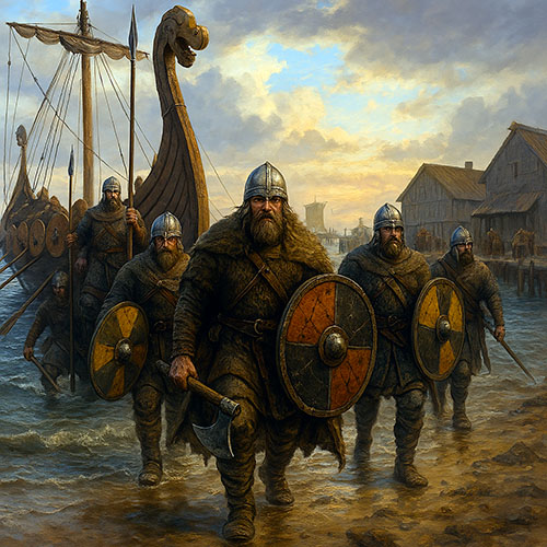 Recreación de un grupo de vikingos listos para asaltar un pueblo en la costa asturiana