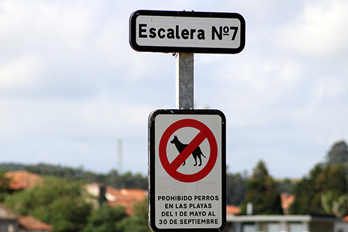 Señal de prohibición de perros en la playa de Santa Marina de Luanco en Asturias