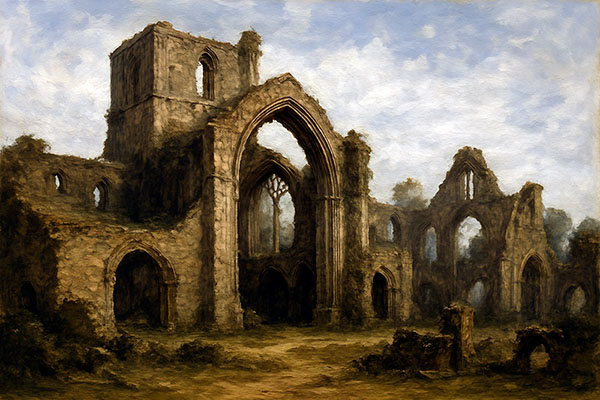Abadía de San Salvador en ruinas en la sierra del Sueve
