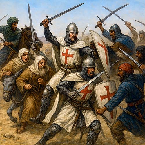 Caballeros Templarios defendiendo a peregrinas en Tierra Santa