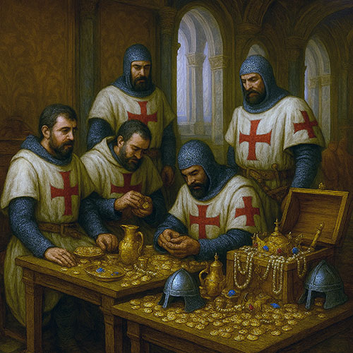 Caballeros Templarios junto a sus riquezas acumuladas