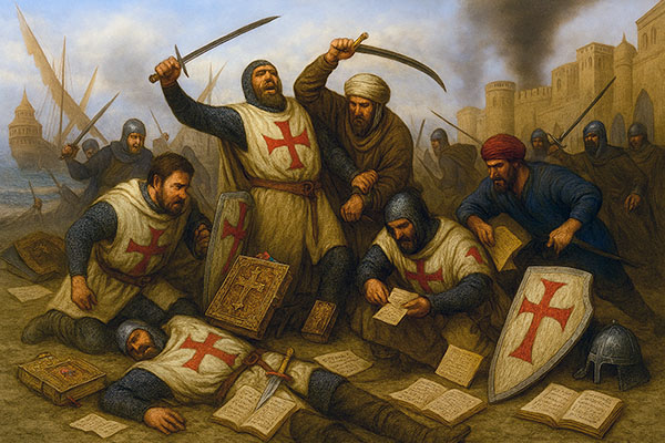Caballeros Templarios junto a sus reliquias y documentos siendo derrotados en Acre