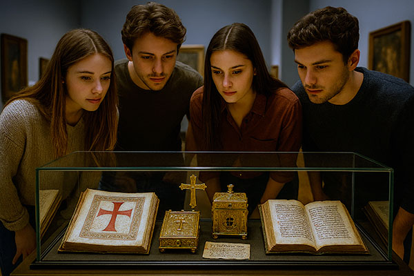 Jóvenes estudiantes observando reliquias y documentos templarios en un museo