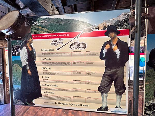 Mural explicativo de las danzas y bailes típicos vaqueiros en el Museo Vaqueiro de Asturias en Naraval en Tineo