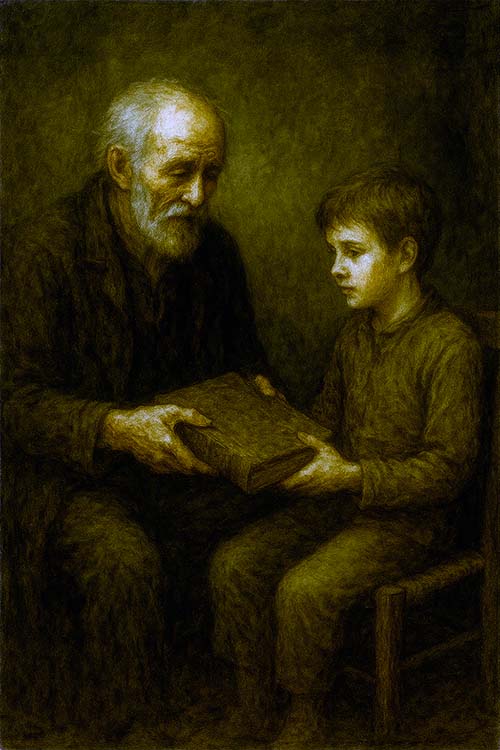 Mateo entrega el manuscrito a su sobrino