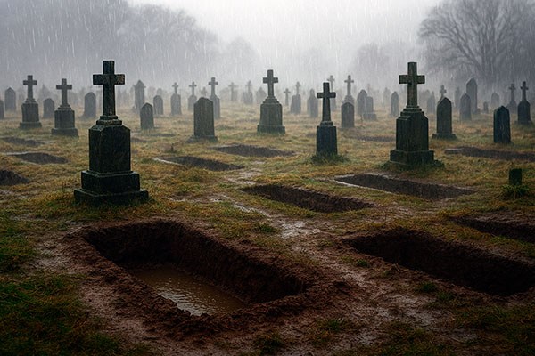Cementerio con tumbas abiertas