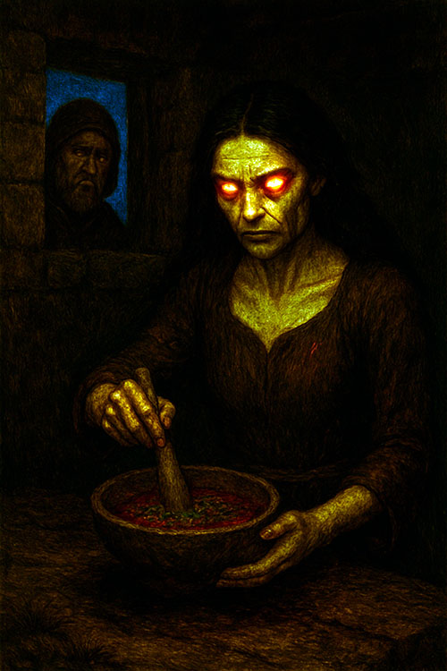 La bruja de Jove mezclando hiervas con sangre humana