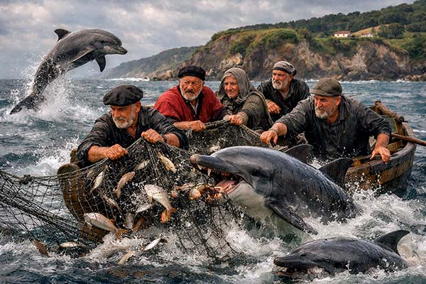 Ataques de delfines a las redes de los pescadores en Candás