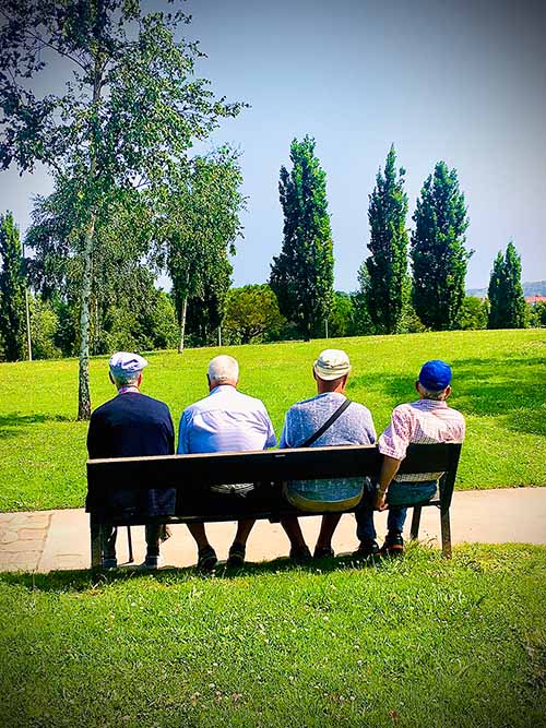 Ancianos de charla en el parque de Los Pericones en Gijón