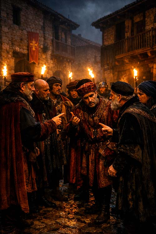 Habitantes de Asturias discutiendo sobre la rebelión del Conde de Coalla