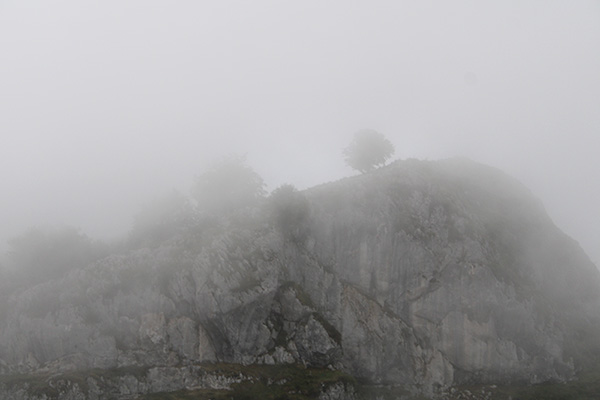 Entorno de los lagos de Covadonga en Asturias con niebla