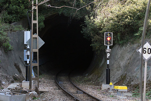 Vía del tren actual y en uso en el tranqueru en Carreño en Asturias