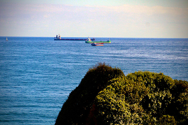 Barcos mercantes fondeados en la bahía de Gijón